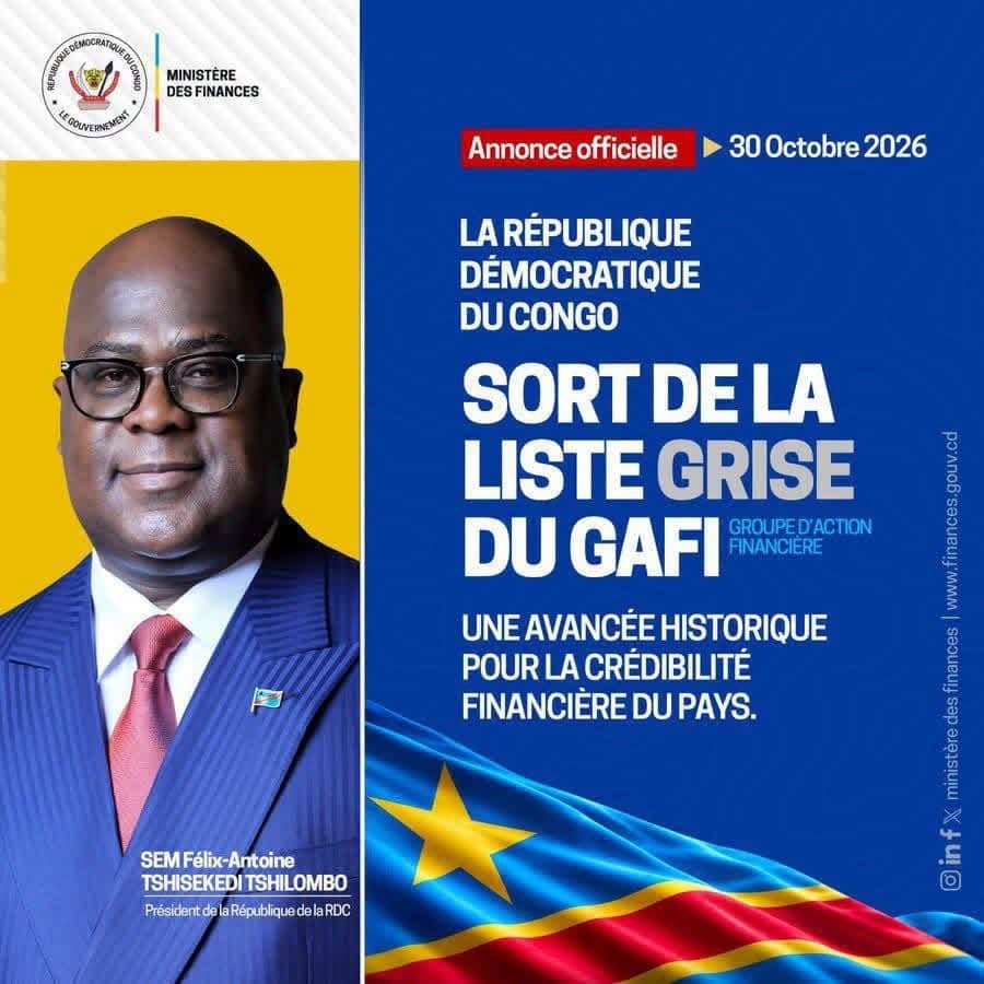 Finance internationale : la RDC sort de la liste grise du Groupe d&rsquo;action financière (GAFI)